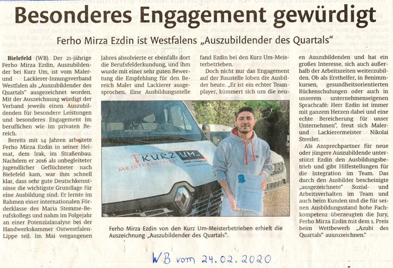 Auszubildender bei Kurz Um ausgezeichnet